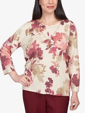 Alfred Dunner Mulberry Street Floral Shimmer Printed Sweater Size Medium NWT